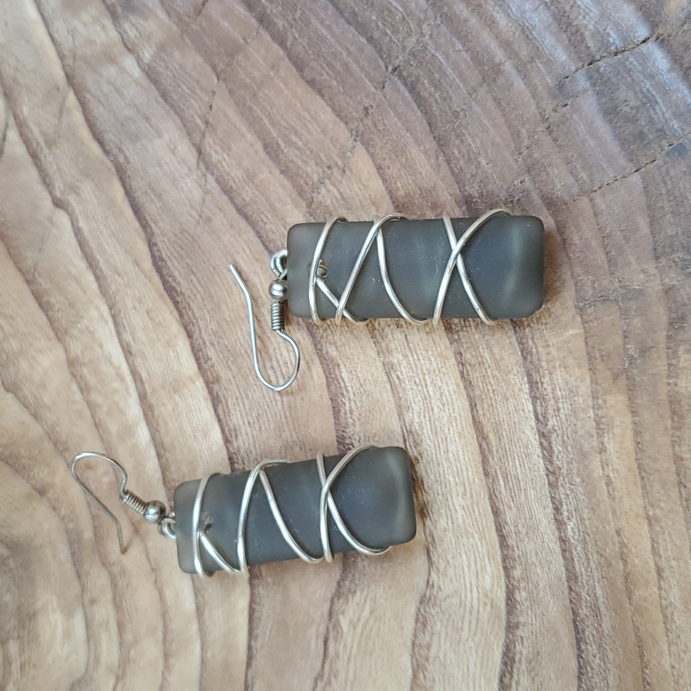 Silver wire wrapped seaglass earrings